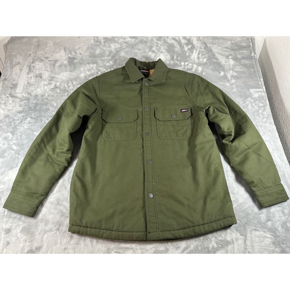 Genuine Dickies Mens Canvas Shirt Jacket Olive Green Plaid Lined Small